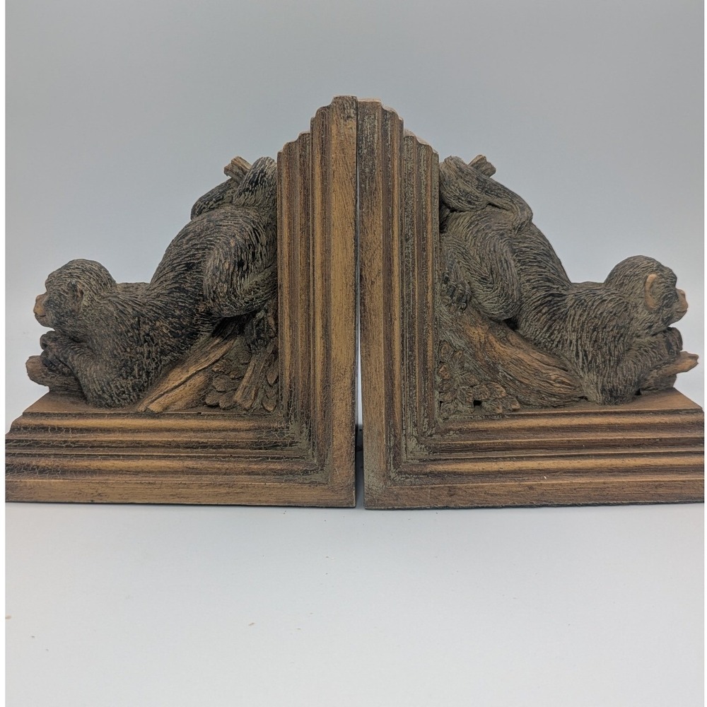 Vintage Monkey Bookends Brown Resin Chimpanzee Figurine Set 6.5 Inch
